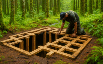 In a quiet forest, a man began a project to build a secret underground cabin. He carefully dug into the earth, constructing a strong wooden framework as the foundation. Each step was done by hand, using simple tools but with great creativity. From digging the hole and setting the timber frame to concealing it in secrecy, he made it both beautiful and well-hidden within nature. It is a project that showcases artistry, strength, and dedication.